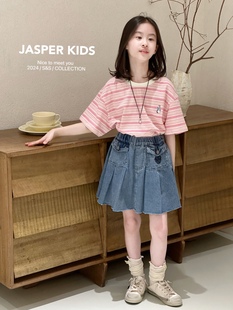 韩国Jasper品牌童装2024夏装新款女童宽松甜美条纹纯棉短袖T恤