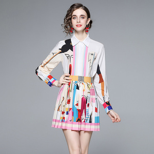 Printed shirt + high waist pleated skirt fashion suit