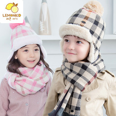 宝宝韩国儿童秋冬款帽子男童女童格子毛线加绒潮款帽子围巾两件套