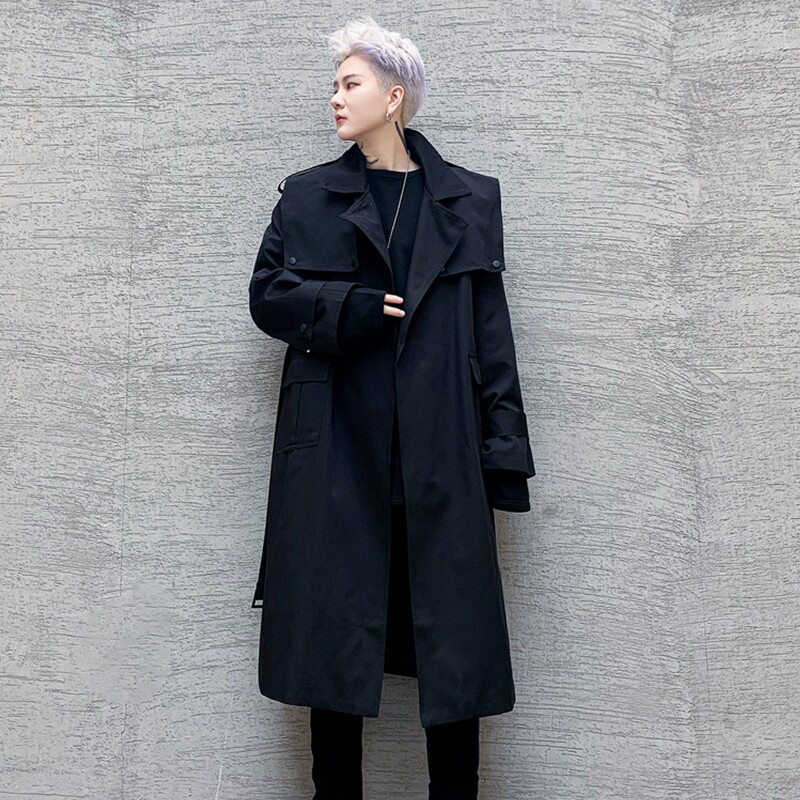 秋冬男士长款风衣潮流帅气宽松过膝腰带外套发型师青年休闲男装