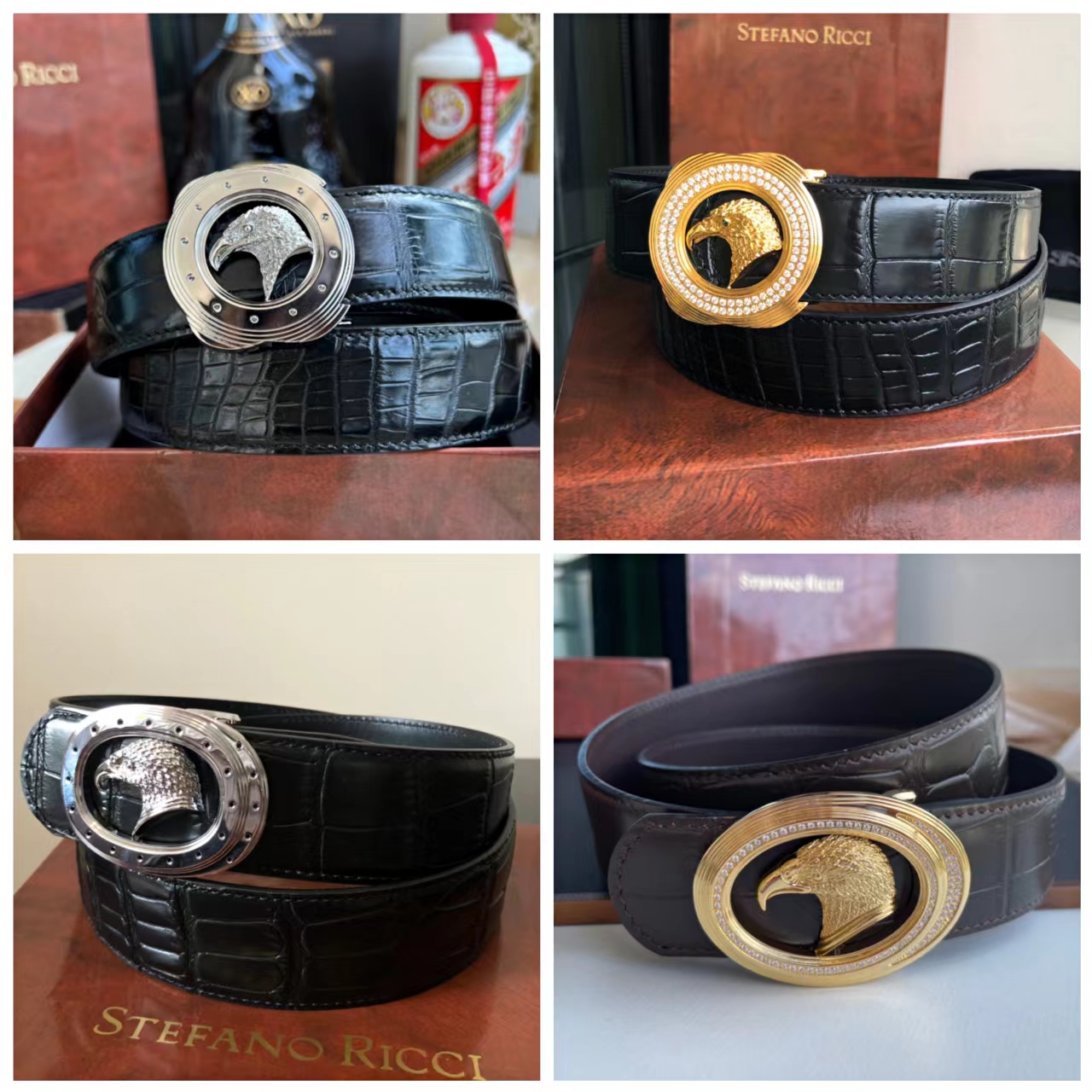 新款史蒂芬男士皮带高端鳄鱼纹牛皮真皮镶钻高档鹰头腰带男装裤带