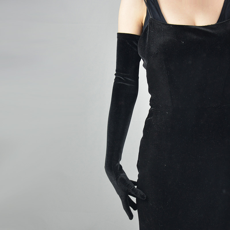 包邮黑丝绒手套60cm超长款过肘晚礼服高弹性黑色女金丝绒触控手机