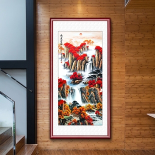 鸿运当头国画山水画中式玄关装饰画竖版墙画进门招财过道壁画