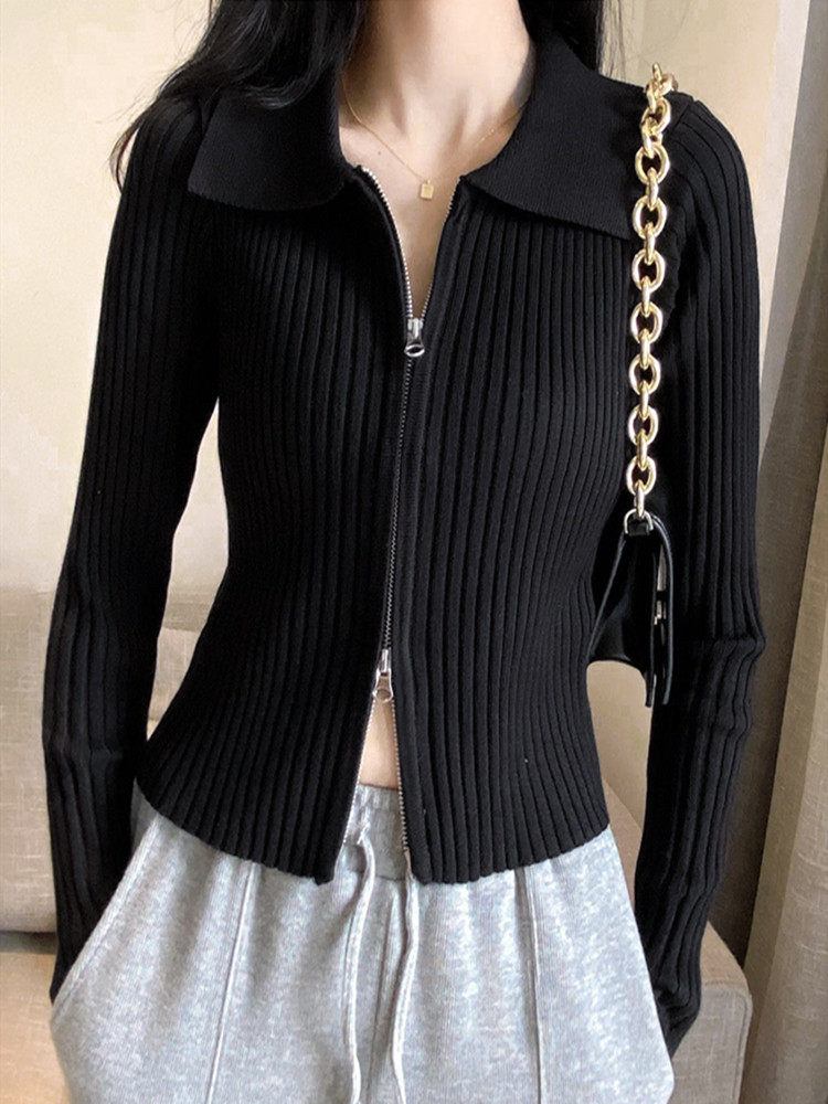 2021秋装新款bm双拉链上衣女针织衫开衫短款修身外套毛衣黑色长袖