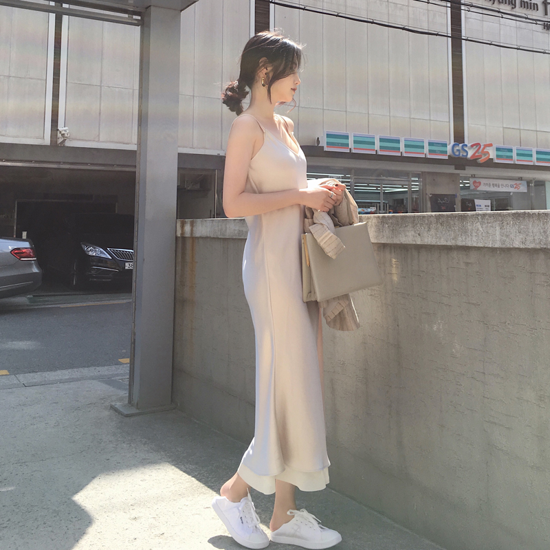 ◆ANNA◆2018夏季新款双层吊带连衣裙鱼尾长裙雪纺打底收腰显瘦女