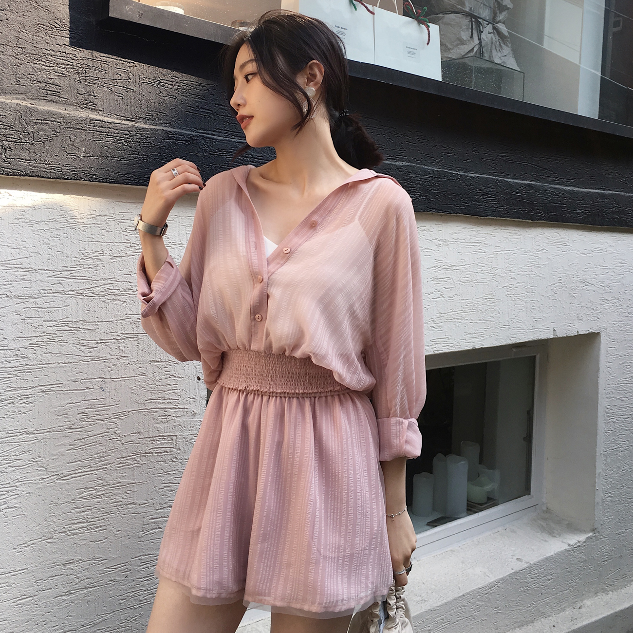 ◆ASM◆2018夏季新品透视暗纹理长袖衬衫松紧腰薄款阔腿短裤套装