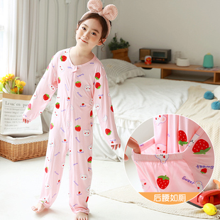 莫代尔薄款连体睡衣夏季草莓女童长袖连身衣3-11岁如厕空调服大码