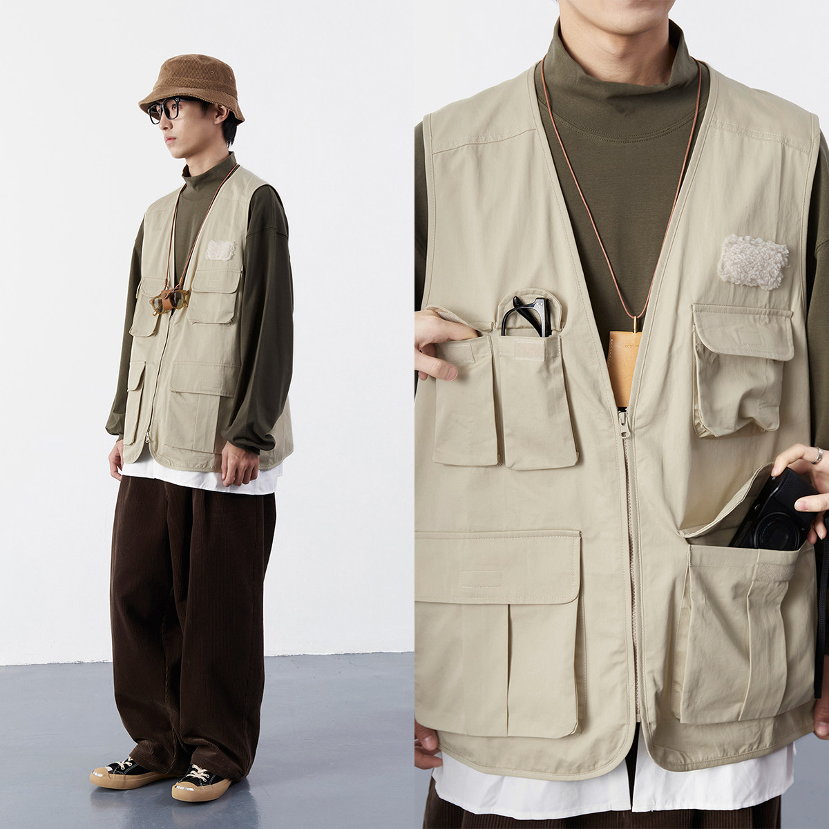 mentmate 22ss 多口袋户外机能杏色羊羔绒休闲导演马甲背心男春夏