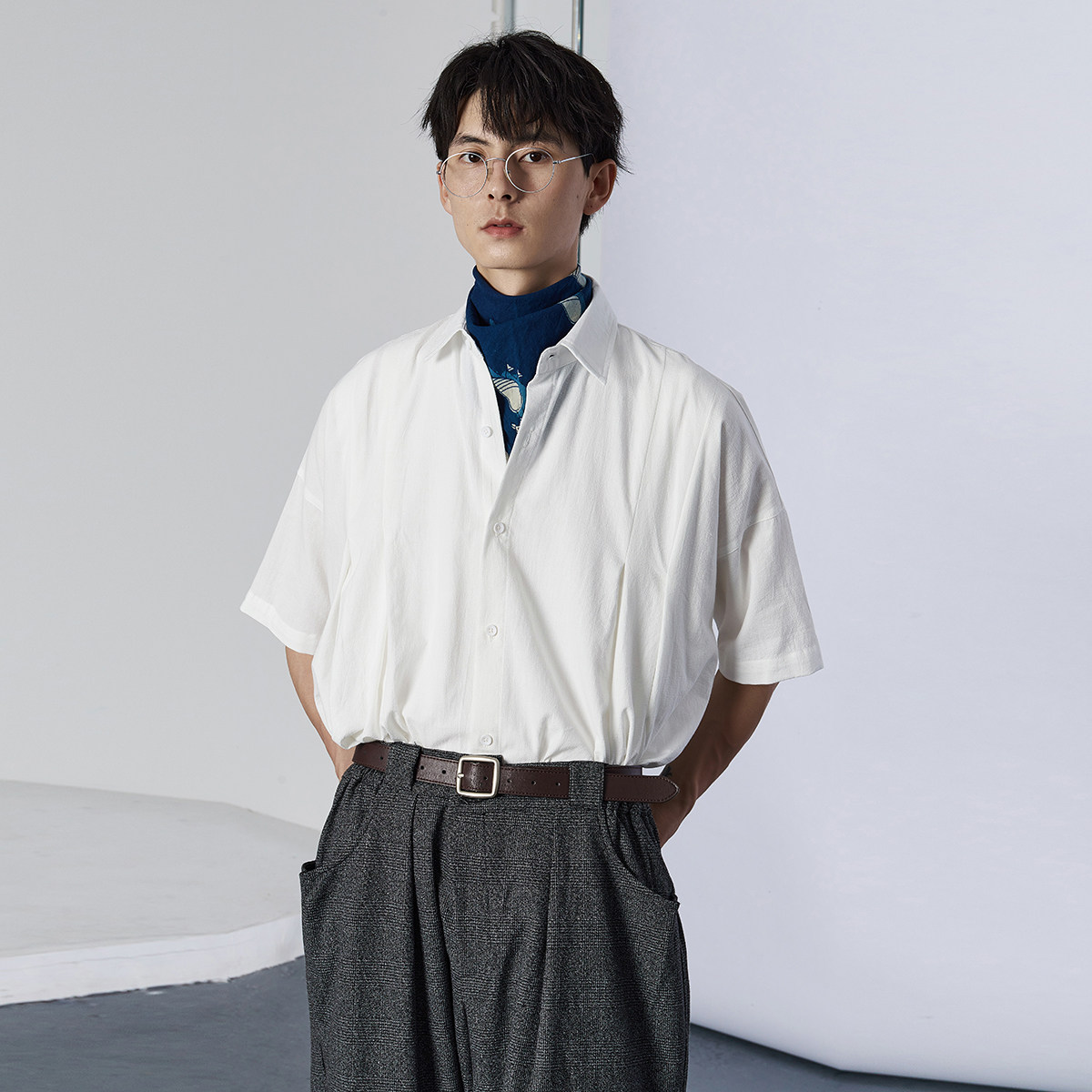 mentmate 21ss/日系复古伞形百褶 短袖衬衫男 宽松慵懒清透衬衣夏