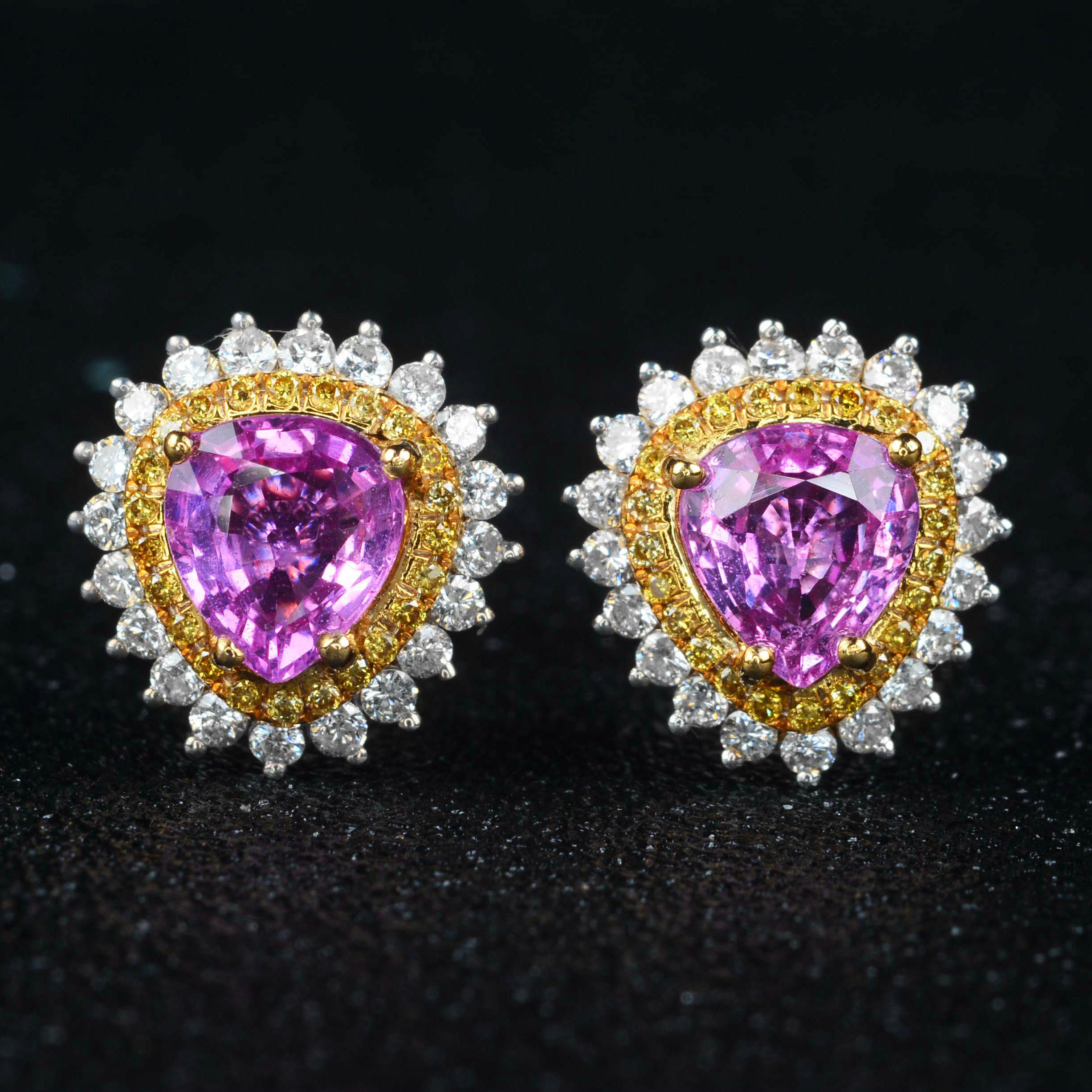 主石共2.15ct 18k金天然紫色蓝宝石耳钉 伴镶钻石 7196