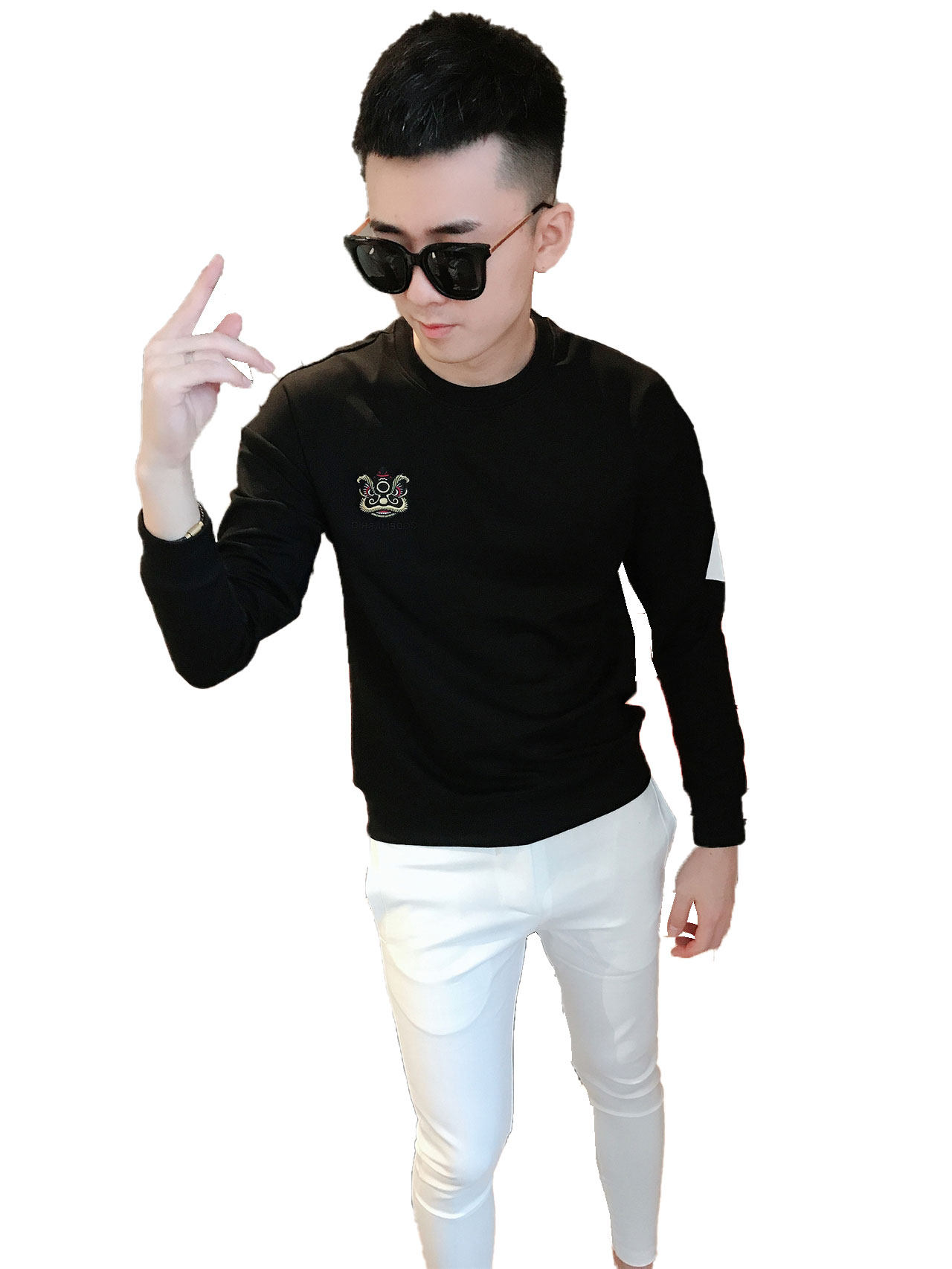 精神小伙卫衣男印花潮流修身秋冬网红社会长袖潮牌个性套头上衣服