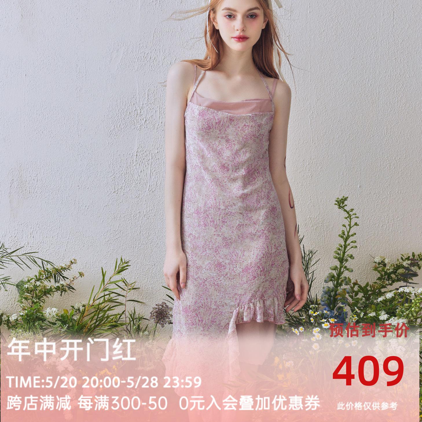 YANN M原创紫色双层雪纺连衣裙2024年春夏显瘦显白印花柔软吊带裙