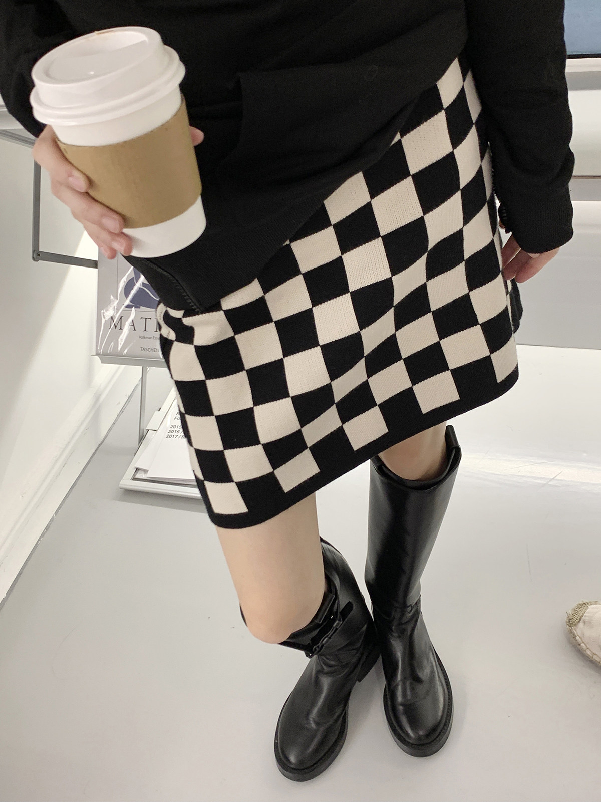 lxlilium 今年很流行的棋盘格子针织半身裙女秋冬季a字包臀短裙