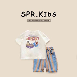 韩版童装男童短袖T恤2024夏季新款宝宝夏装短裤卡通印花套装两件