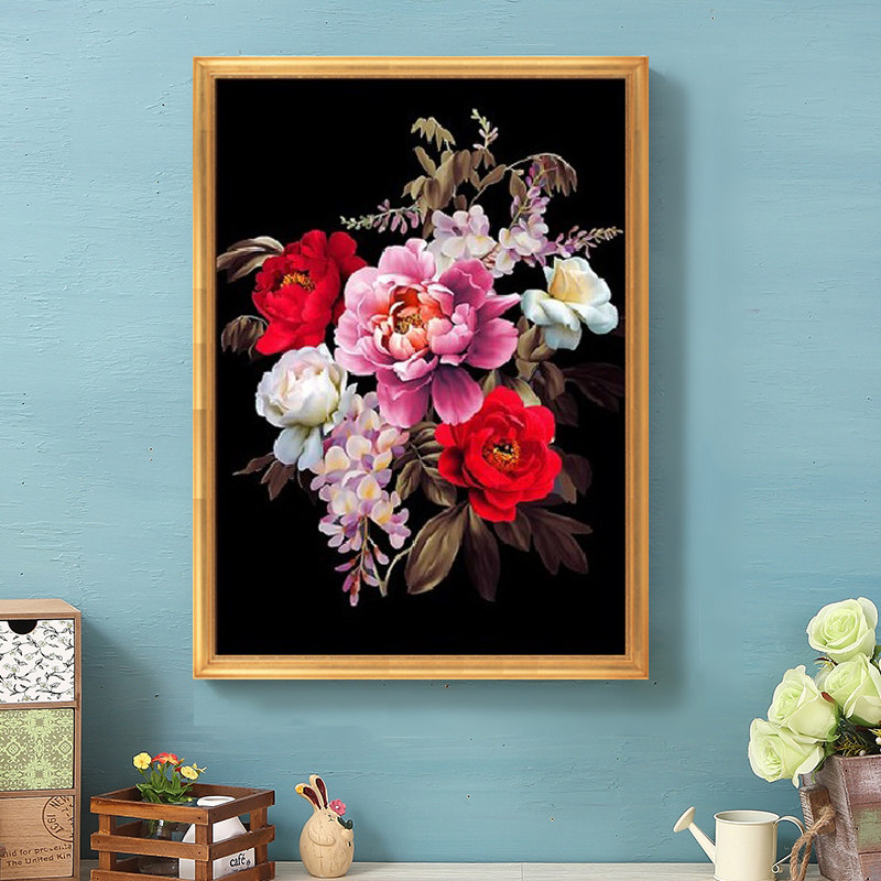 dmc十字绣套件客厅装饰画hc3877怒放的花朵黑布线绣花草花卉
