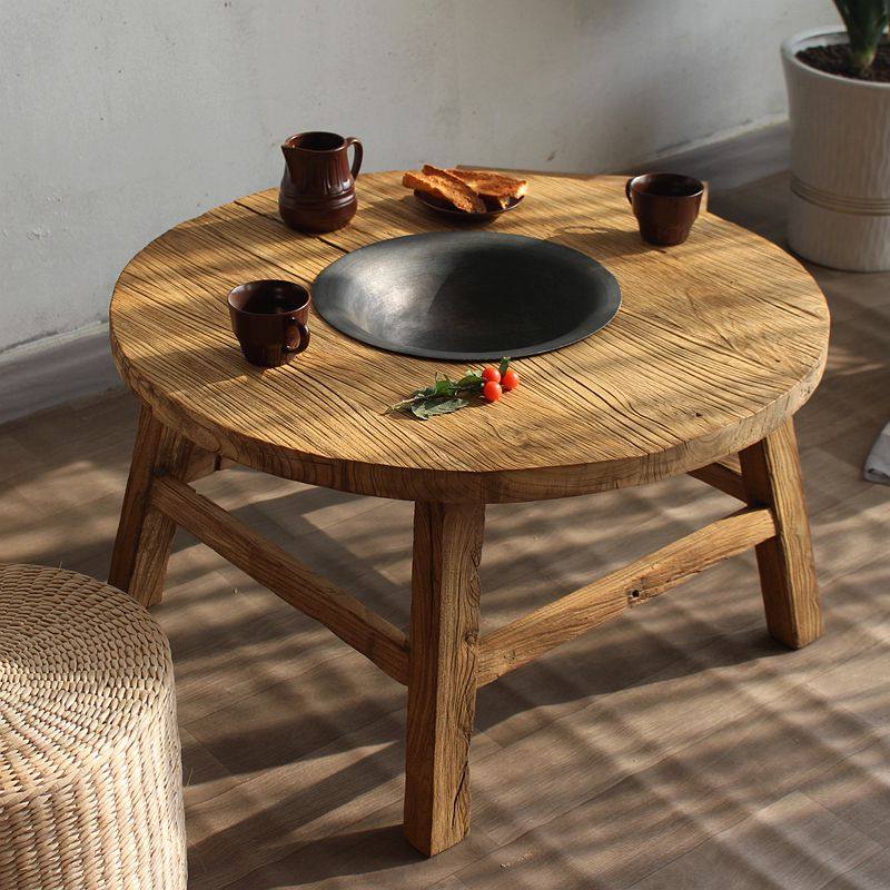老榆木茶桌茶几实木圆桌禅意茶台矮茶桌围炉桌烧烤桌复古怀旧定制
