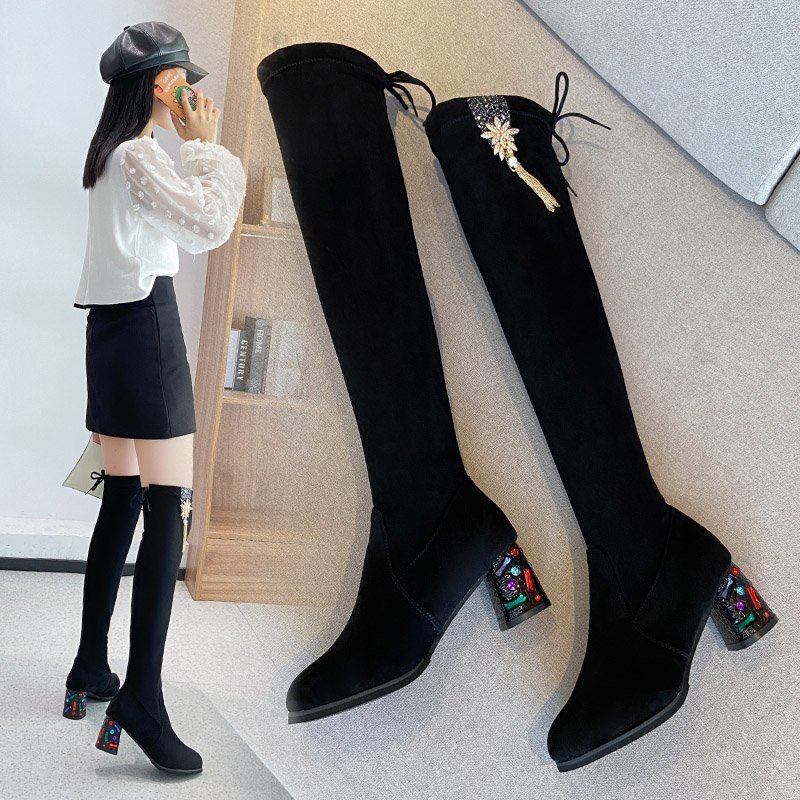 卓诗尼小个子过膝长靴女冬季加绒2022新款瘦瘦靴粗跟弹力高筒靴子
