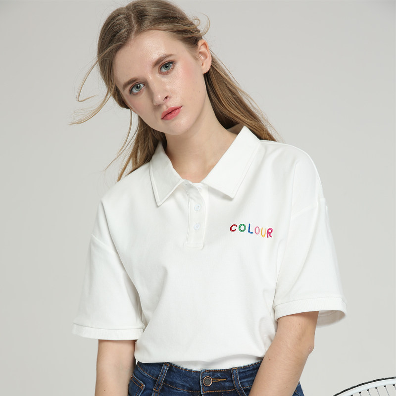 uhmu品牌女装店的优惠券大全—ins翻领白色polo衫女短袖可爱日系学生