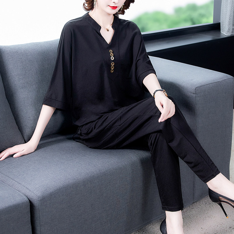 新夏装款显瘦桑蚕丝两件套气质重磅真丝短袖上衣休闲哈伦裤女套装