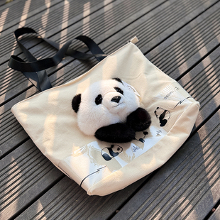 大容量高颜值帆布包设计感小众熊猫单肩包可爱网红花花女士收纳包