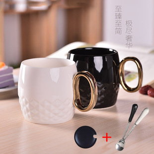 陶瓷大容量办公室情侣水杯带竹瓷盖勺盖咖啡杯金手柄logo广告定制