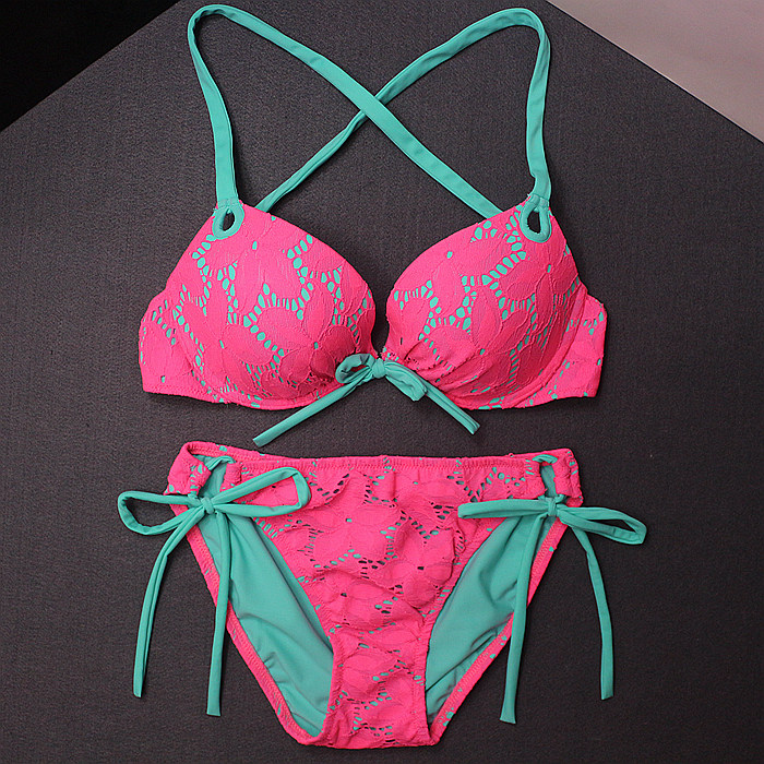 欧洲站泡温泉花朵小胸聚拢大三角钢托性感bikini游泳衣ab杯比基尼