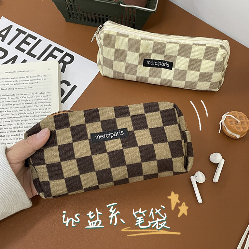 笔袋女孩ins风日系高颜值简约铅笔盒大容量初中学生文具盒棋盘格