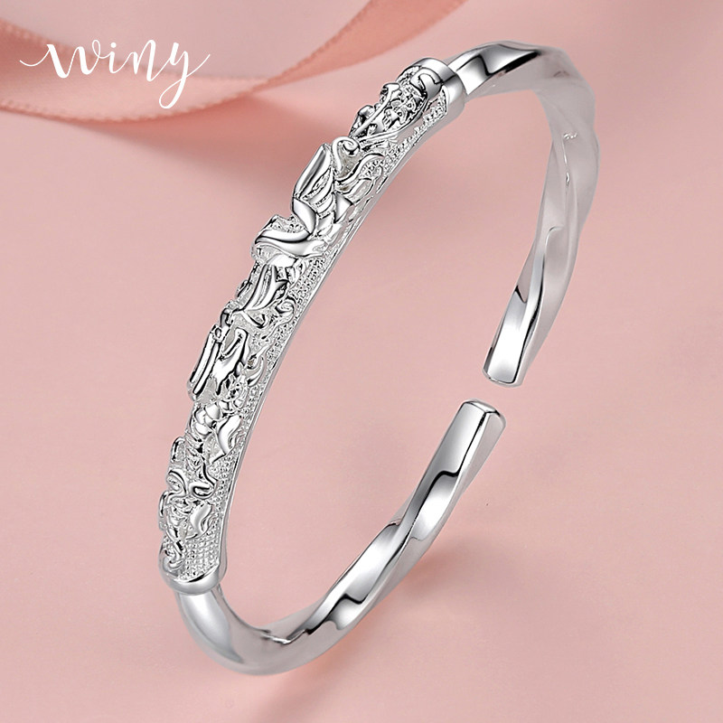 winy999纯银手镯女浮雕龙凤足银镯子送妈妈款开口实心银饰银镯