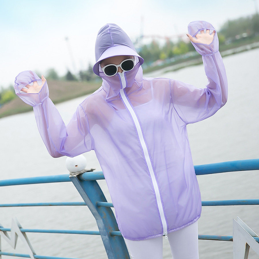 防晒衣女中长款 户外防晒 防紫外线衣服薄款透气风衣长袖带帽檐