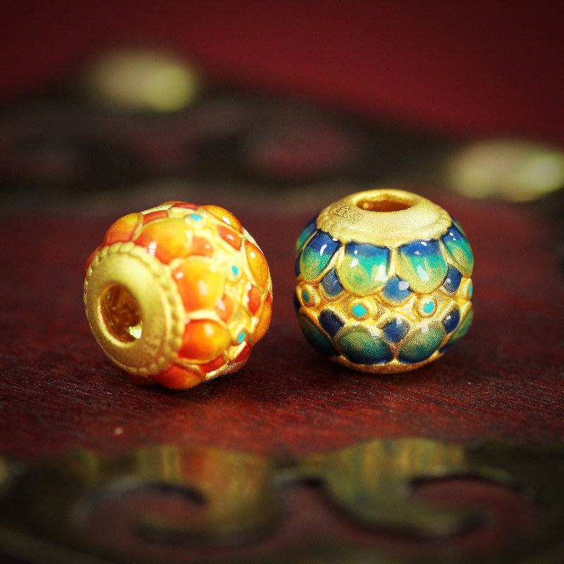 黄金3d硬金999足金纯金烧蓝珐琅莲花座圆珠转运珠串珠手串手链diy