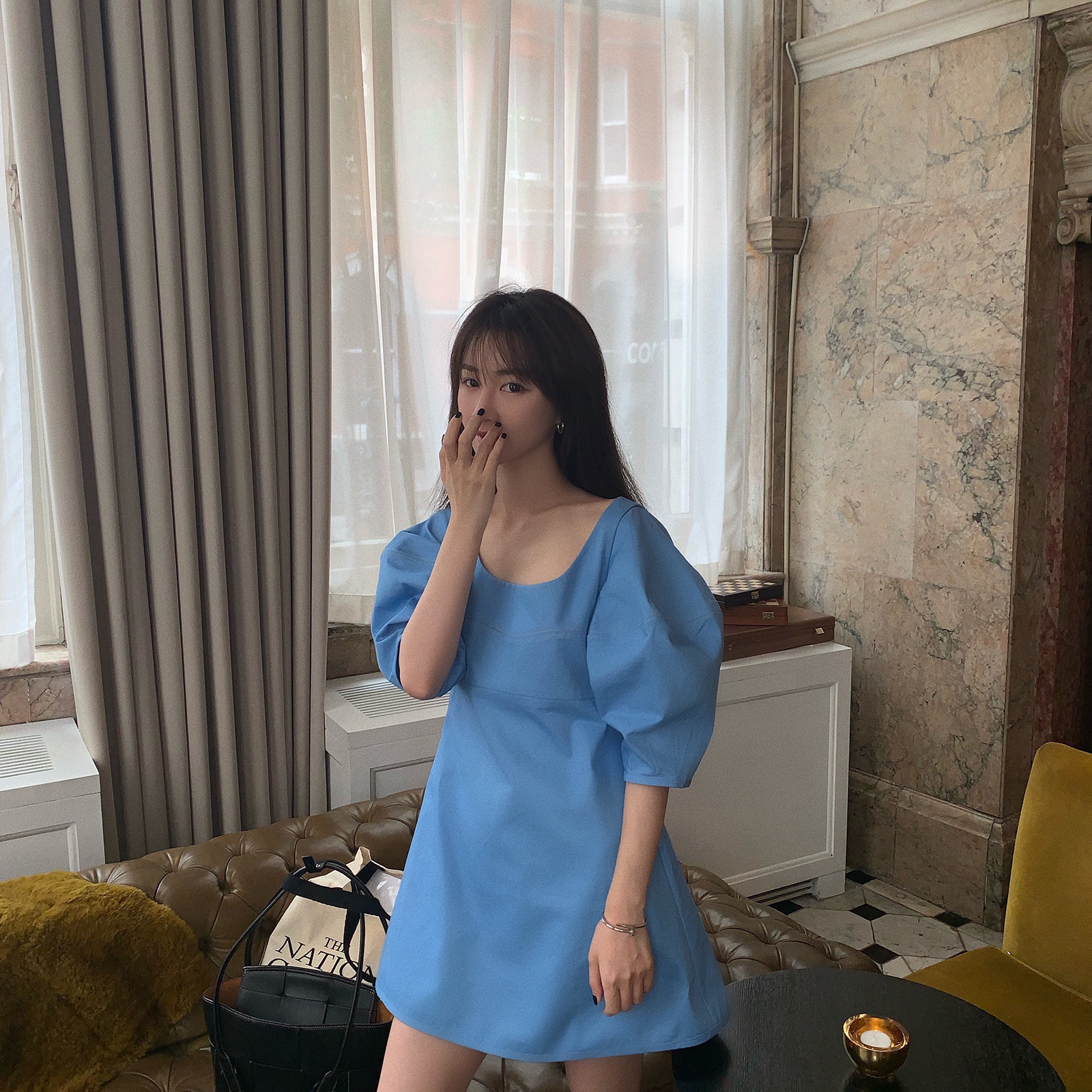 vcruan阿希哥 白皮特效优雅蓝色裙 泡泡袖智熏裙娃娃裙a字连衣裙|ruв категории Женская одежда, платье - от Buy2taobao.com для оказания профессиональной услуги покупки агента Taobao