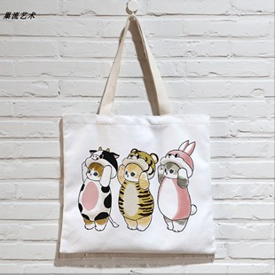 日系卡通猫咪图案手提单肩帆布袋环保插画可爱学生补习上班购物包