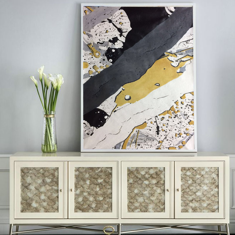 玄关装饰画现代家居样板间抽象山水挂画黄与灰高级色彩搭配定制画