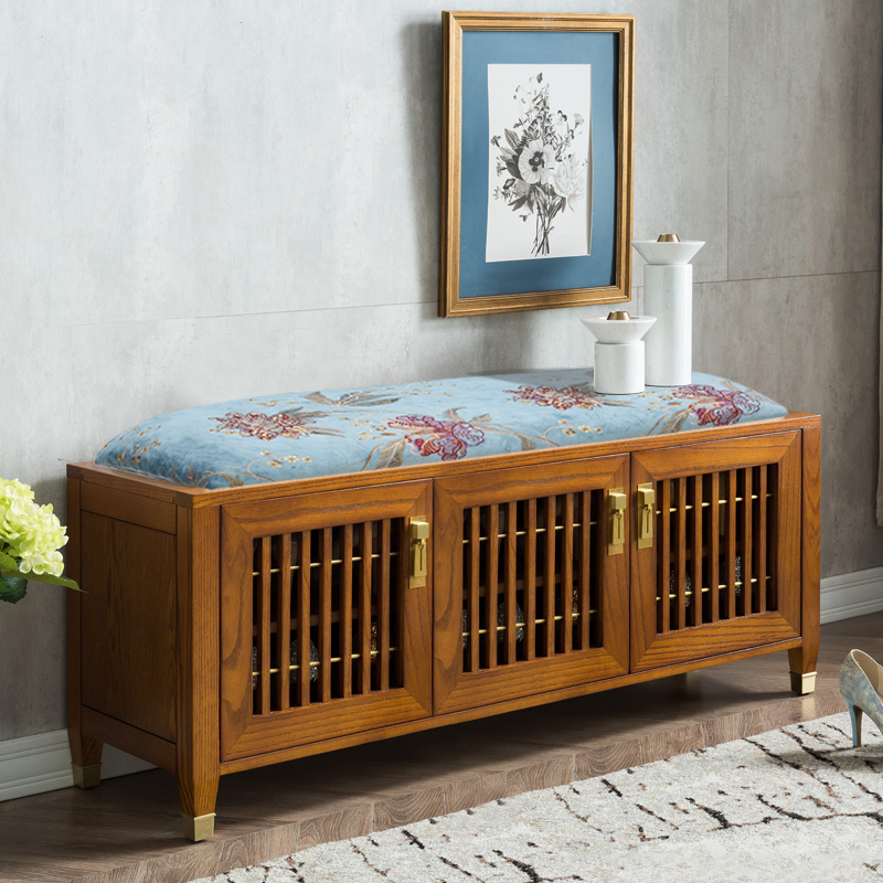 现代新中式实木换鞋柜透气对开门玄关柜入户穿鞋柜整装轻奢换鞋凳