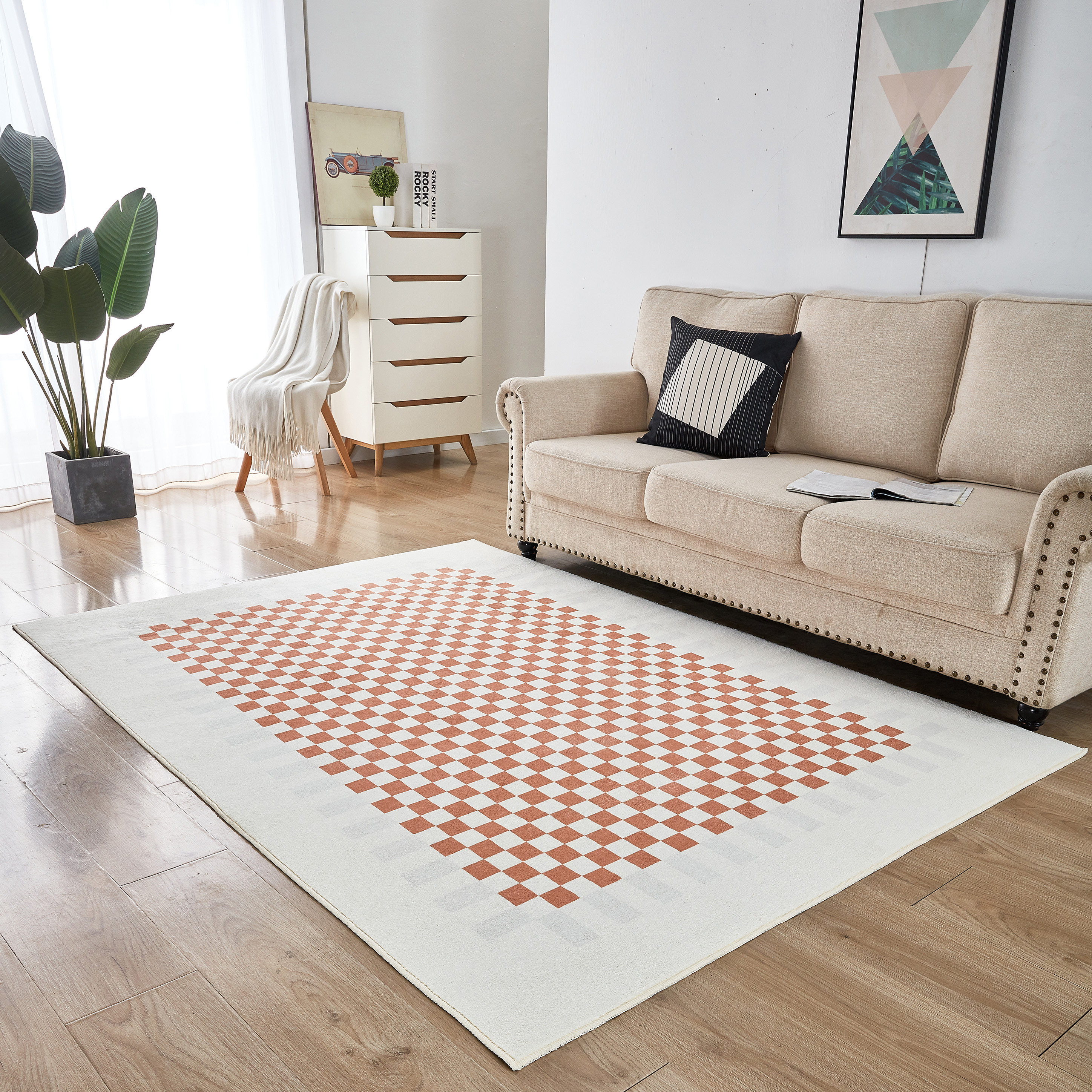 中古棋盘格地毯客厅轻奢高级现代简约复古ins沙发卧室床边茶几毯