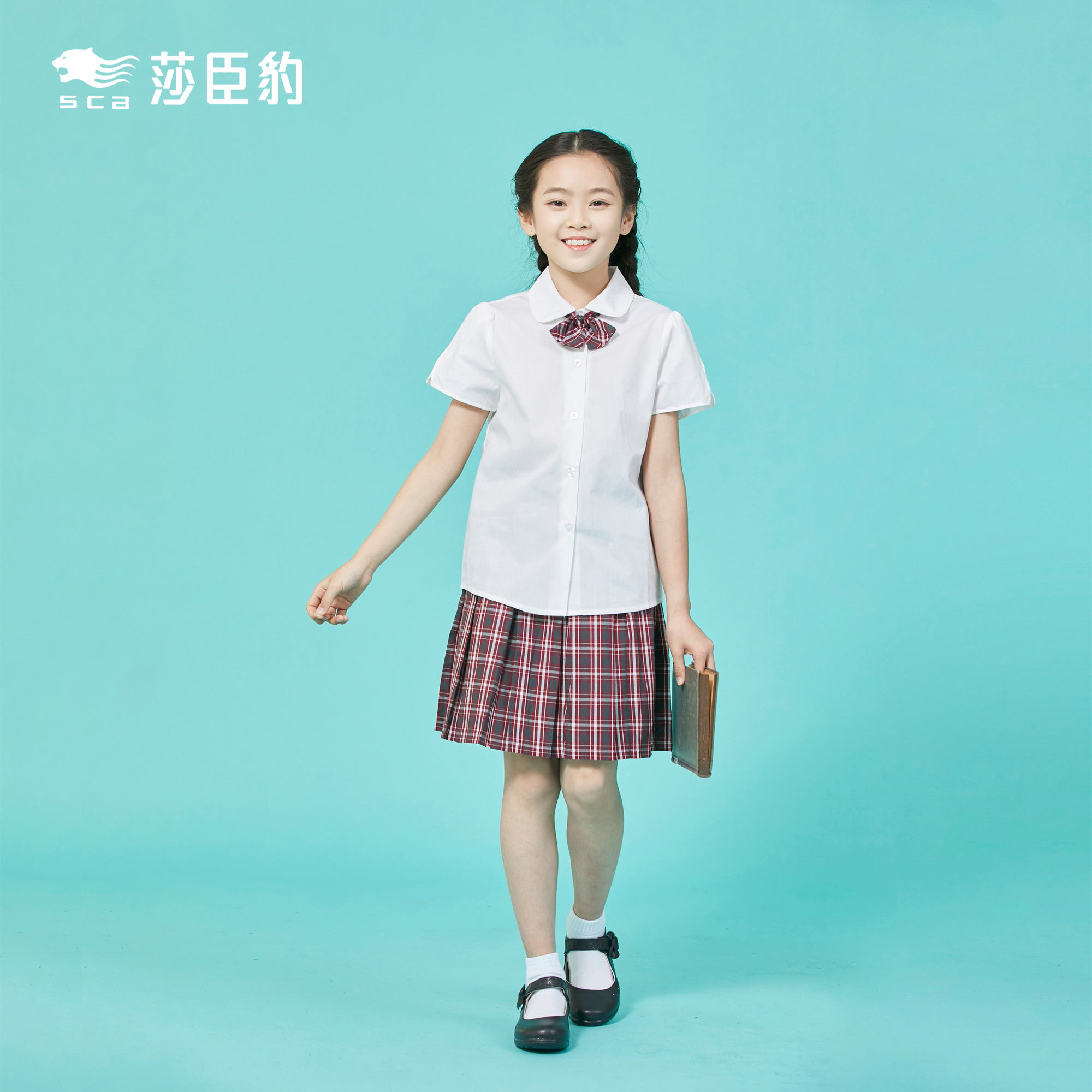 莎臣豹深圳校服小学女生夏季礼服衬衣短裙领花全橡筋腰裙子竹纤维