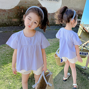 女童夏装短袖衬衫韩版女宝宝娃娃衫薄款时髦上衣T恤儿童衬衣洋气