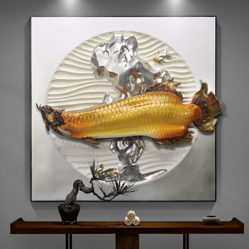 新中式立体浮雕画客厅沙发背景墙装饰画餐厅玄关过道壁金龙鱼挂画