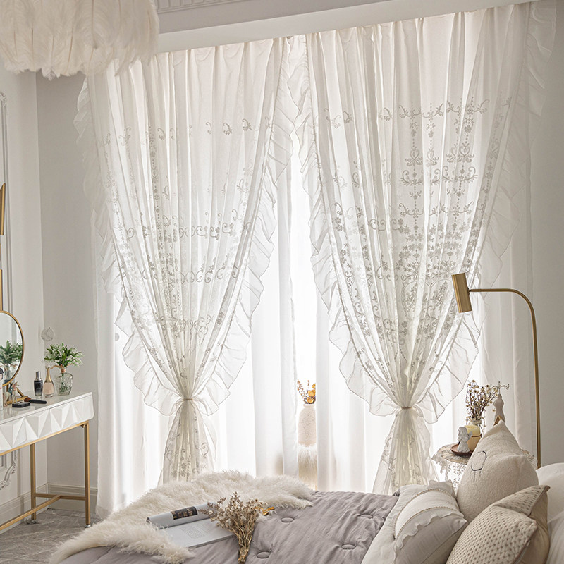 法式复古轻奢白色蕾丝窗纱纱帘透光不透人双层公主风