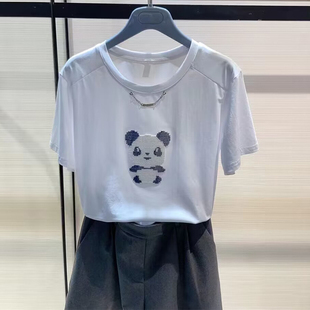 白领哥弟新2023夏季圆领小熊猫刺绣经典百搭显瘦上衣短袖T恤女