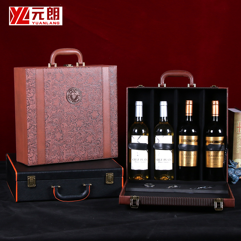 四支装红酒盒 高档红酒礼盒葡萄酒包装盒子皮质手提酒盒4瓶白酒盒