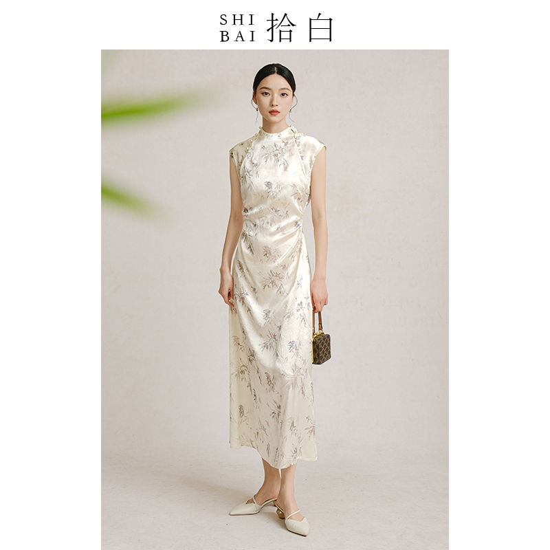 SHIBAI拾白新中式连衣裙原创国风禅意高端醋酸竹叶改良盘扣优雅