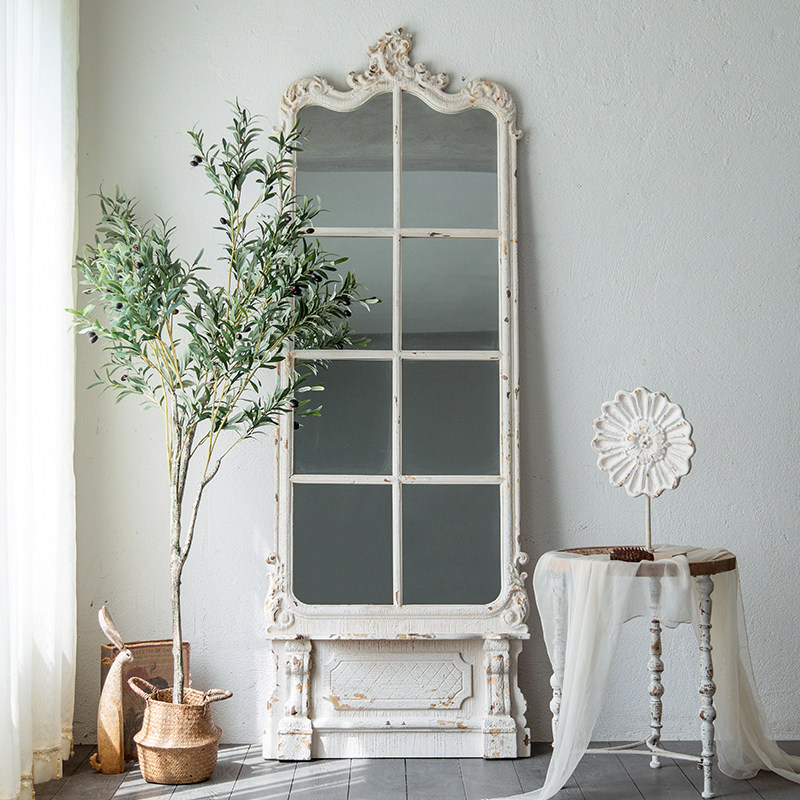 美式复古镜子法式实木做旧侘寂落地穿衣镜欧式白色ins壁挂装饰镜