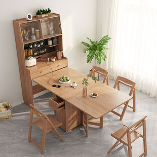 餐桌日式折叠餐边柜一体可伸缩带轮小户型靠墙原木色岛台家用桌子