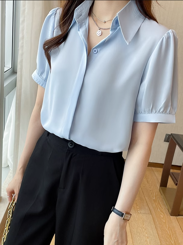 蓝色衬衫女MOP短袖设计感业众夏季工新款职衬衣雪小纺泡泡袖上衣