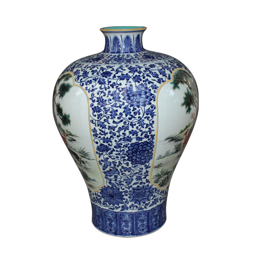景德镇仿古瓷清乾隆年制青花缠枝莲釉上开光斗彩走兽瓶唐德工作室