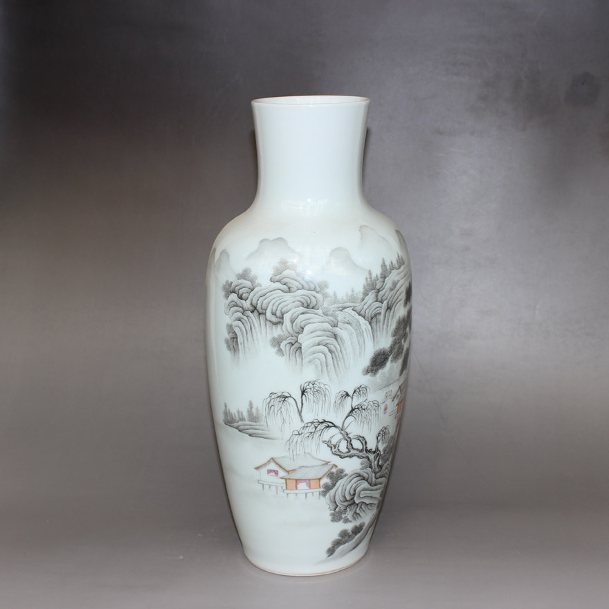 景德镇仿古瓷大清乾隆年制釉上墨彩山水花瓶省大师唐德贵工作室