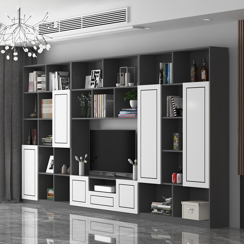 现代极简电视柜书柜一体组合墙客厅储物柜整体轻奢家用墙柜子定制