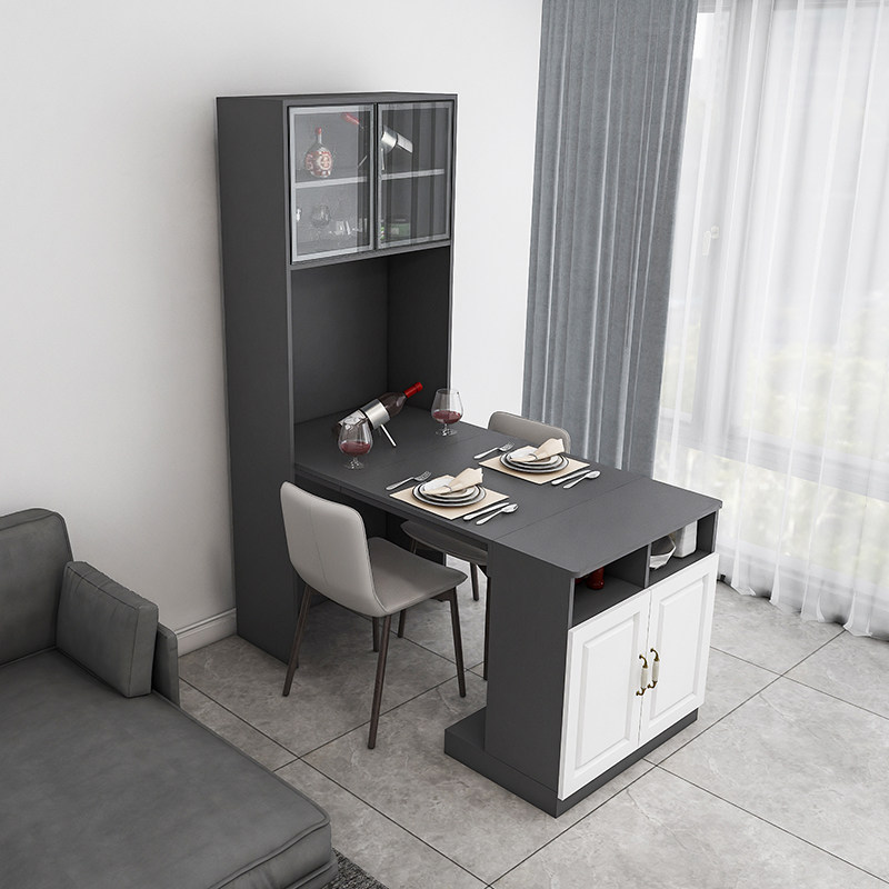 简约现代吧台酒柜带折叠餐桌一体家用靠墙储物柜伸缩饭桌餐边柜