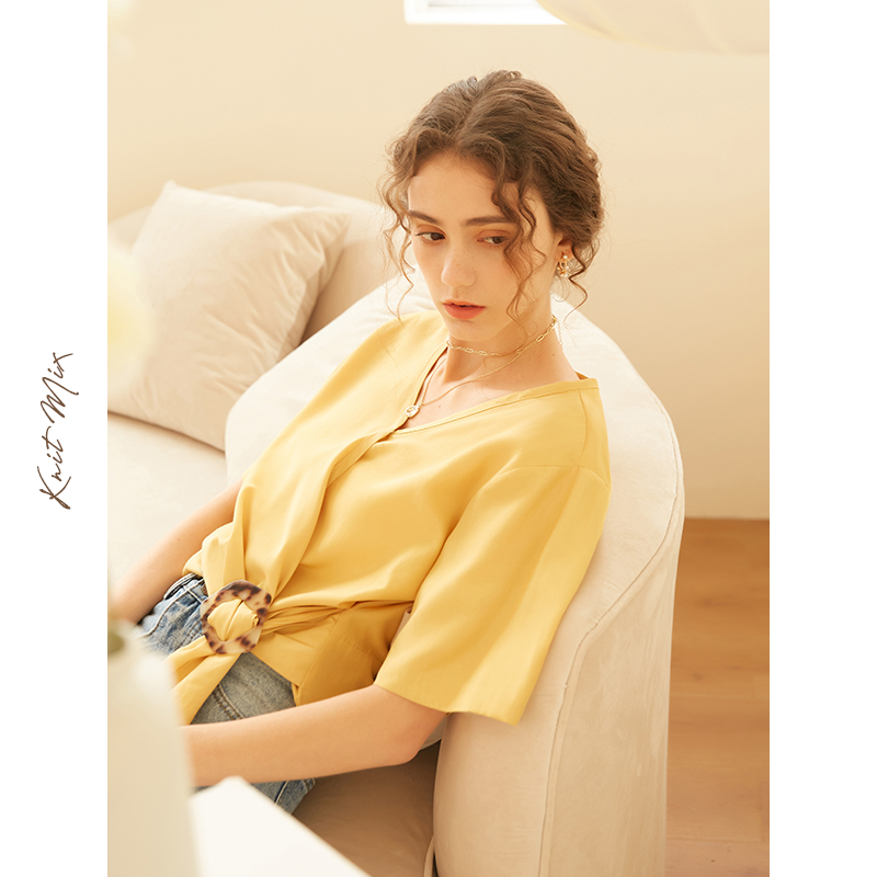 Knit Mix法式雪纺V领短袖衬衫女2021年新款春夏黄色修身短款上衣